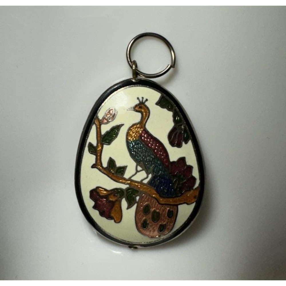 Vintage Cloisonné Enamel Double Sided Peacock Puffed Pendant Gold Tone 1.5"X1"